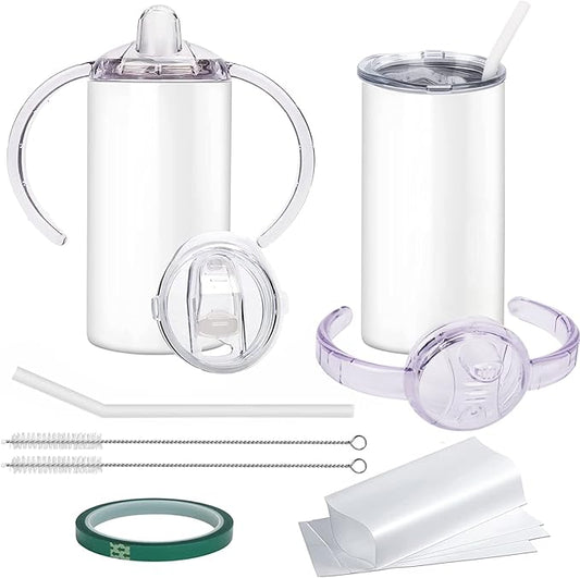 Sublimation Blanks Skinny Sippy Cups, 12oz Spill Proof Stainless Steel Insulated Tumbler with Lid and Straw, Double Wall Water Bottle with Handle for Kids and Children