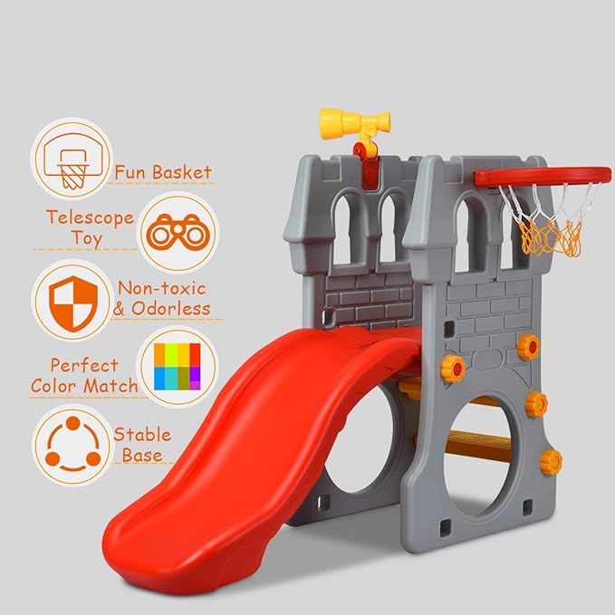 HONEY JOY Kids Slide with Basketball Hoop, 4-in-1 Toddler Freestanding Slide, Telescope, Hide and Seek Crawling Space & Climbing Stairs, Children Playground Toys Set for Indoor and Outdoor Games