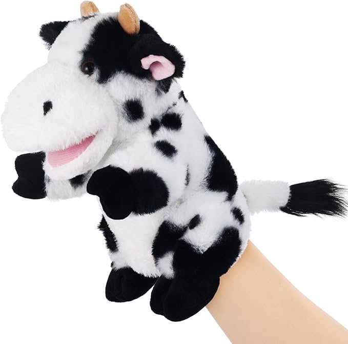 Animal Hand Puppets 11 Inch Sea Turtle Plush Dinosaur Animals Hand Puppet Toys Role-Play Toy Puppets for Kids Storytelling Imaginative Pretend Play Teaching Preschool(Cow)