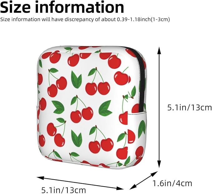 Cherry Red Cherries Leaves Leaf Fruit White Period Bag For Women,Portable Sanitary Napkin Period Pad Pouch For Purse, Small Make Up Bags