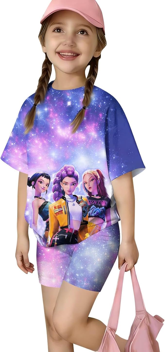 K-POP DEM0N Hunters Outfits for Girls, 2 Piece T-Shirts and Apparel Sets Birthday Gift