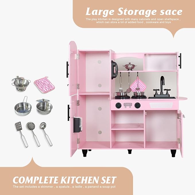 TaoHFE Play Kitchen, Pink Kids Kitchen Set for Girls Kitchen Set for Kids Ages 6-8 Gift Toddler Kitchen Set for Kid Age 3+ Kitchen Playset with Lights & Sounds Wooden Toy Kitchen Playset Gift