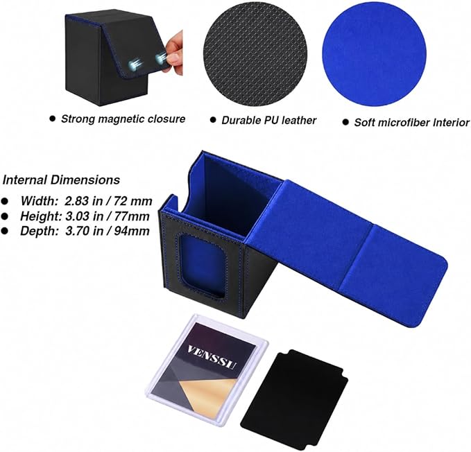 Venssu MTG Deck Box for Commander Display,Card Deck Box Fits 100 Double Sleeved Cards,TCG with 2 Dividers and 1 Toploader (BLACK/BLUE)
