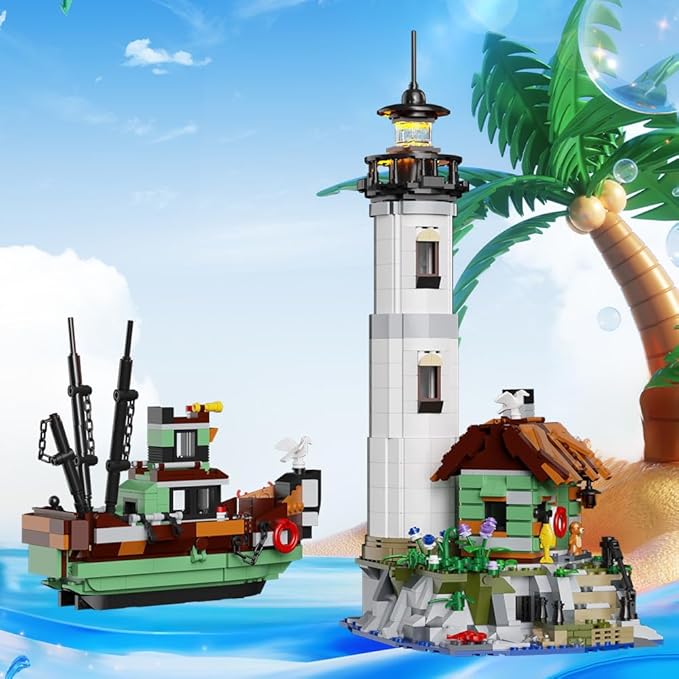 Lighthouse Building Block Adults Sets with Lighting, The Island Lighthouse Modular Architecture Construction Building Model Set Present for, (1480 Pcs)