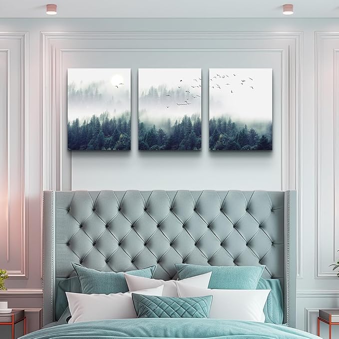 3 Piece Canvas Wall Art for Living Room Wall Decorations for Bedroom Office Wall decor Foggy forest Trees Landscape painting Stretched and Framed Ready to Hang pictures Home Decor 12"x16"x3 Panels