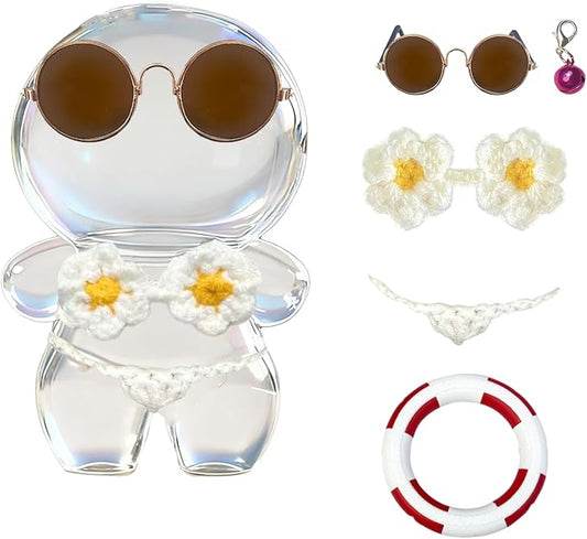 Daisy Bikini for 17cm Doll (No Dolls),5-Piece Set Includes Bikini, Brown Glasses, Blue Swimming Ring and Bell, Swimsuit Accessories for Doll, hot Party Style, Summer Beach Style,Hand-Knitted Swimsuit