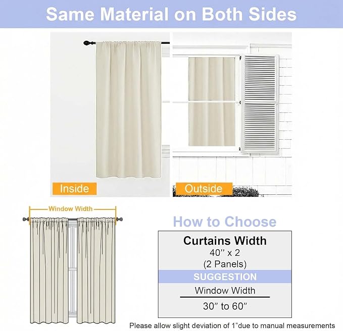 Simplebrand Ava Light Beige Short 36 Inches Light Filtering Curtain 2 Panels Set, Half Window Rod Pocket Privacy Curtain Tiers for Kitchen, Curtains for Bathroom Shades, W40 x L36 Inch, Light Beige