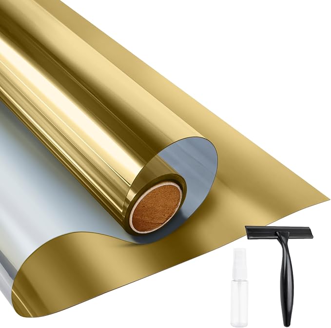 KESPEN Window Film One Way Daytime Privacy Static Cling Sun Blocking Anti UV Reflective Window Tint for Home and Office, Gold-Silver, 23.6 Inch X 6.5 Feet