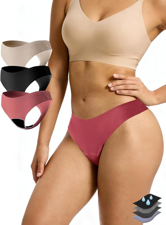 Seamless Thong Period Underwear for Women Teens Light Flow Moisture Wicking Side Leak Prevention Panties 3 Pack