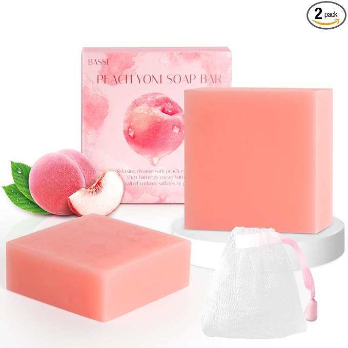 2 PCS Yoni Soap Bars for Women, Natural Feminine Wash Bar Soap for pH Balance & Daily Intimate Care, Gentle Cleansing with Freshness & Hydration, Handmade Peach Soap with Foaming Net 3.53 oz Each