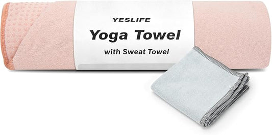 YESLIFE Non-Slip Extra Thick Hot Yoga Towel with One Sweat Towel, Microfiber Sweat Absorbent Yoga Mat Towel with Grip Dot, Pilates Mat, 72" x 24", Pink