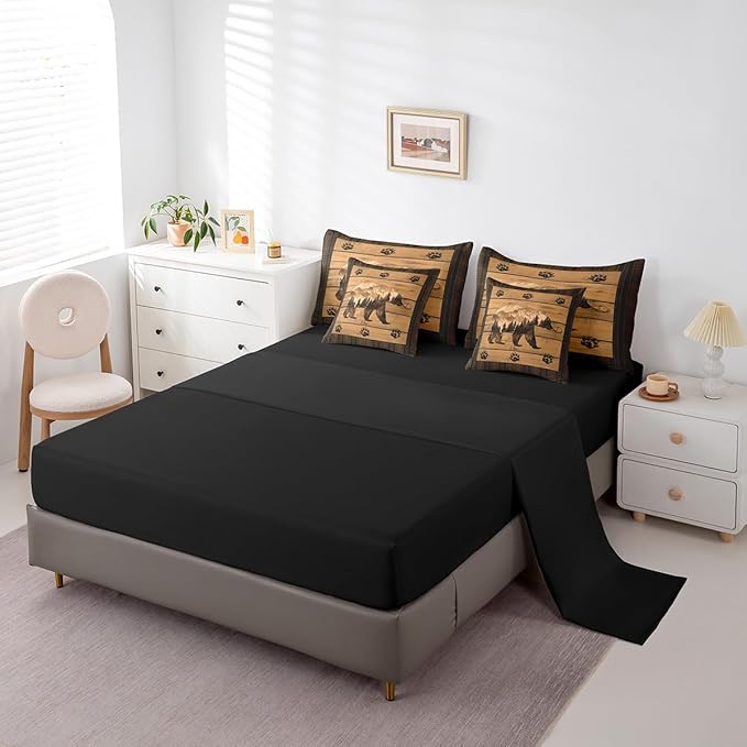 Feelyou Rustic Bear Comforter Set with Sheets Farmhouse Black Bear 7 Piece Bedding Set Full Size for Kids Boys Girls Forest Animal Wildlife Hunting Theme Bed in a Bag