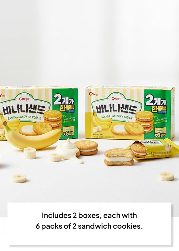 Korean Food CW Banana Sandwich Cookies, Sweet Banana Biscuits 12 Packs 360g | Crispy sandwich cookies filled with sweet banana cream. Family pack includes 12 individual snack packs, 360g total.