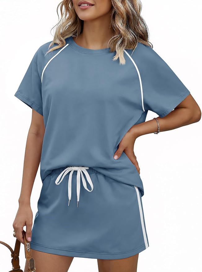 Womens 2 Piece Skirt Sets Summer Tennis Outfits Vacation Skort Set | Two Piece Sets, Short Set, Athletic Workout Golf Outfits, Crew Neck, Color Block, Drawstring, Workout Mathcing Lounge Sets