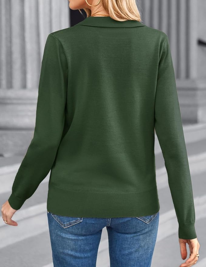 Women's Long Sleeve Classic V Neck Casual Fall Winter Polo Sweater Tops | Basic Collared Knitted Fashion Work Business Formal Daily Wear Versatile Pullover Shirts