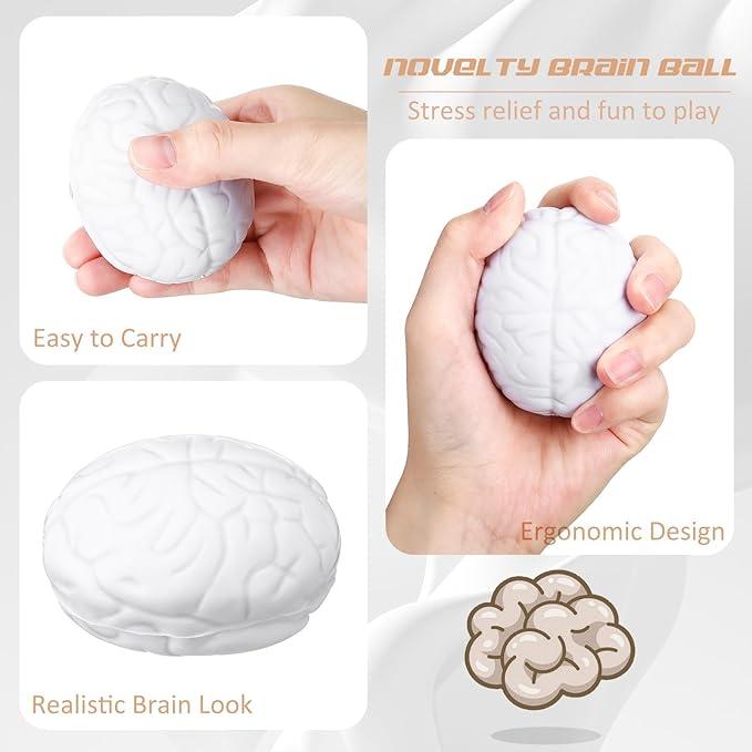 Jenaai Brain Stress Ball Halloween Squeeze Toy 2.76 Inch PU Hand Muscle Exercise Pressure Ball Funny Stress Relief Toy for Adults Improving Grip Strength Release Pressure(White)