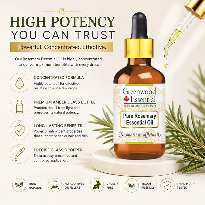 Greenwood Essential Pure Rosemary Essential Oil (Rosmarinus officinalis) with Glass Dropper Steam Distilled 5ml (0.16 oz)