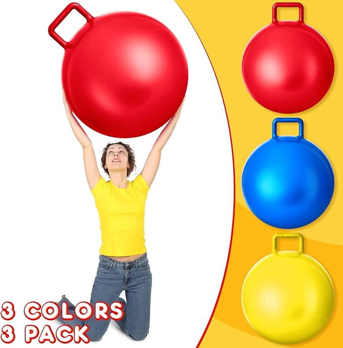 Lewtemi 3 Pcs 29 Inch Bouncing Ball with Handle, Outdoors Hopper Jumping Hopping Ball and Air Pump for Sports Exercise (Red, Blue, Yellow)