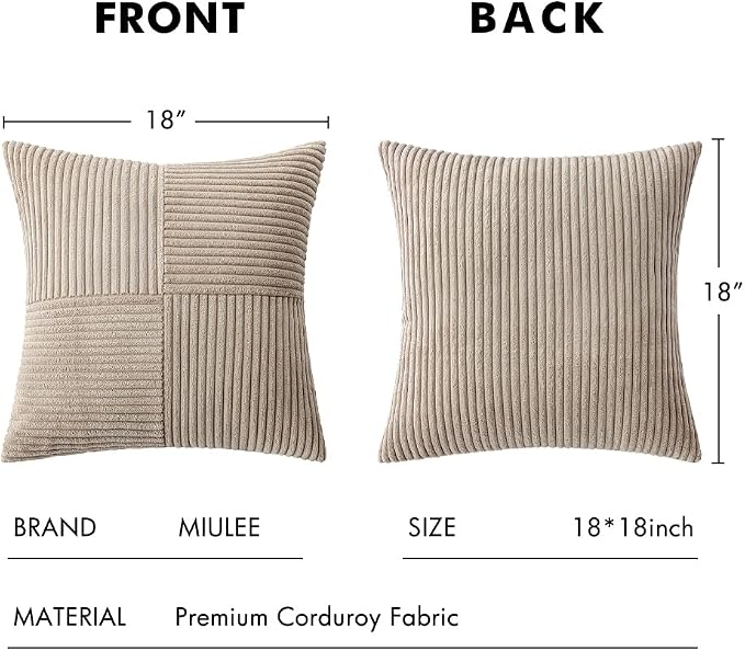 MIULEE Taupe Decorative Throw Pillow Covers for Couch 18x18 Inch | 2 Pack, Boho Farmhouse Pillow Covers, Soft Cross Corduroy Patchwork Textured Cushion Cases For Bed Sofa