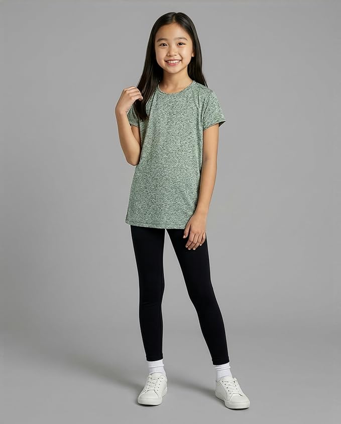 Real Essentials 5 Pack: Girls' Short Sleeve Dry-Fit Athletic T-Shirt - Active Gym Crew Neck Tops for Teens Kids (Ages 4-16)