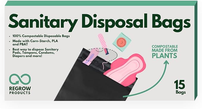 Sanitary Disposal Bags (Single Pack x 15 Bags) – Bio-Based PLA, Leak-Proof & Odor-Lock Bags (Meets ASTM D6400 Standards) for Pads, Tampons & Panty Liners – Easy-Seal, Travel-Friendly.