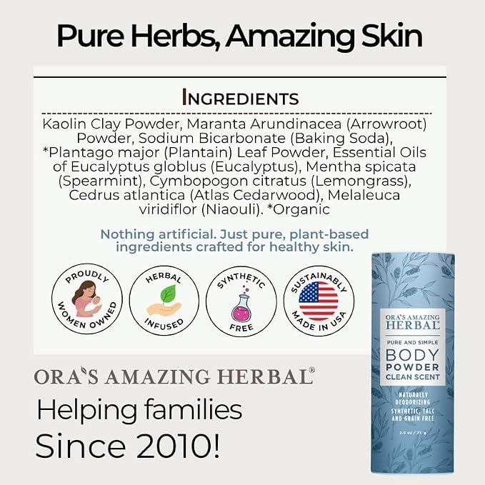 Ora's Amazing Herbal Minty Fresh Talc Free Body Powder, Sweat Absorbing & Chafing Cooling Powder for Men, Prickly Heat Powder with Eucalyptus & Mint, Shave & Waxing Dusting Powder, Clean Scent, 2.5oz