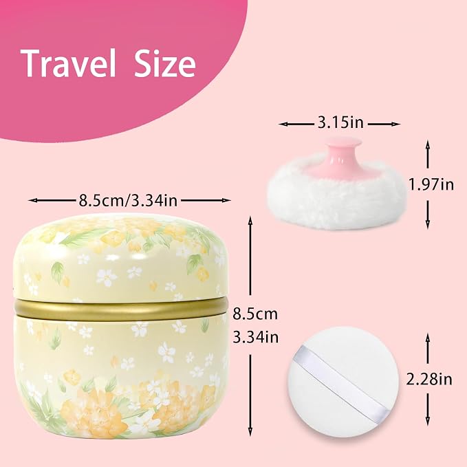 SHIMIDO Body Powder Puff and Container, 3.15" Portable Empty Body Powder Container for Baby Women's Loose Dusting Powder, Powder Case Box with Lids for Bath, Travel and Home Use (Yellow flower)