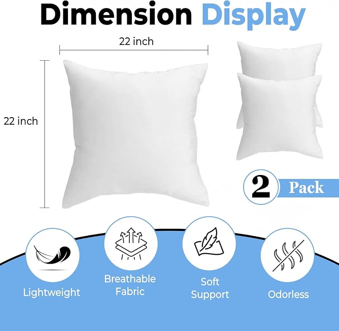 QUBA LINEN Throw Pillow Inserts (Set of 2, White), 22x22 Inches - Premium Cushion Fillers for Sofa, Bed, and Home Décor (22x22 Inch (Pack of 2))
