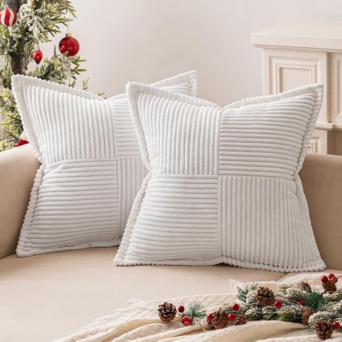 MIULEE Decorative Throw Pillow Covers for Couch 20x20 Inch White 2 Pack | Boho Broadside Striped Patchwork Pillow Covers, Soft Corduroy Cushion Cases, For Sofa Bed Livingroom Home Decor