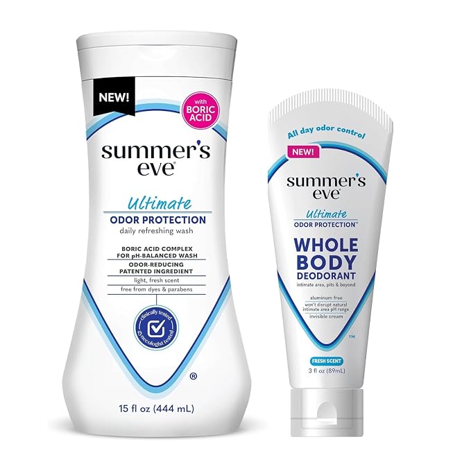 Summer's Eve, Whole Body Deodorant for Women, Ultimate Odor Control, Aluminum Free Deodorant, 3 Fl Oz + Feminine Body Wash with Boric Acid, Removes Odor, pH Balance, 15 Fl Oz