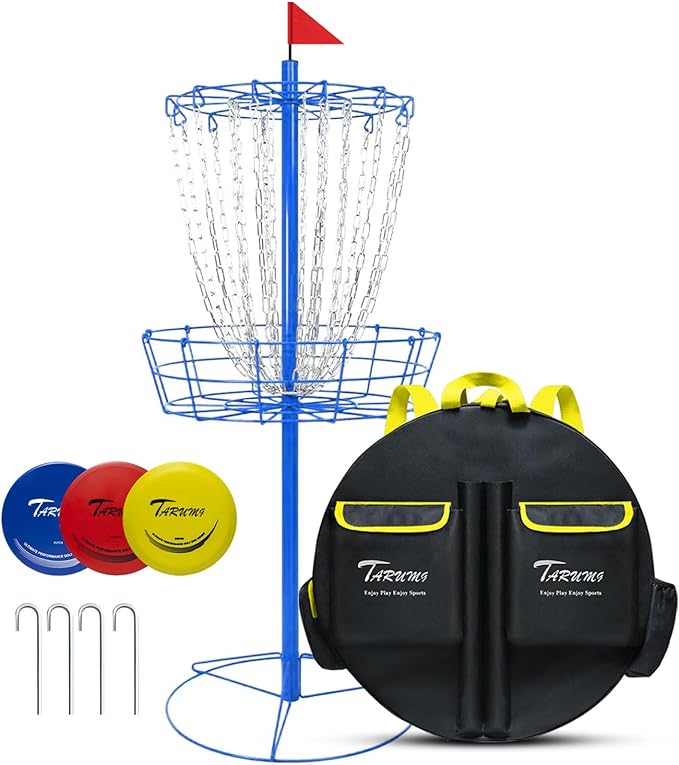 TARUMG Disc Golf Basket - Portable Disc Golf Target with Heavy Duty 24-Chains Come with Transit Bag and 3pcs Disc Golf Discs, Ground Stake -Suitable for Players of All Levels - Multi Color Available