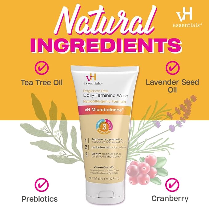 vH Essentials Daily Feminine Wash - 6 Fl Oz - Fragrance-Free,Odor Eliminating Body&Vaginal Wash with Tea Tree Oil,Prebiotics and Lactic Acid for pH Balance, Odor Defense and Vaginal Health (Pack of 2)