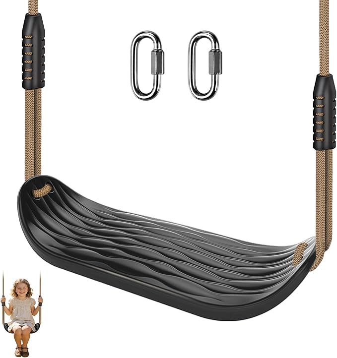 SELEWARE Plastic Swing Seat, Non-Slip Tree Swing for Kids & Adults, Heavy Duty Playground Swing Set Accessories with Adjustable Ropes, Comfortable U-Shape Swing for Indoor/Outdoor Backyard, Black