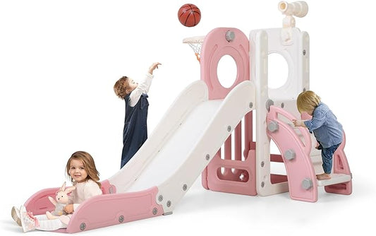 NYEEKOY Indoor Toddler Slide,6 in 1 Slides for Toddlers 1-3, Freestanding Kids Slide with Basketball Hoop, Telescope, Storage,Outdoor Playground for Backyards,Pink