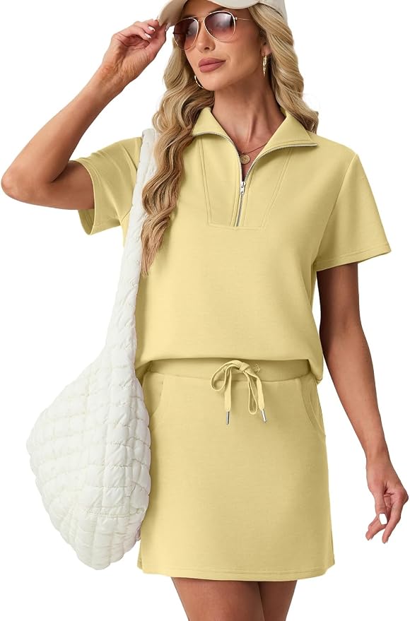GRECERELLE Women's Summer 2 Piece Skort Set Half Zip Short Sleeve Top & Pocketed Tennis Skirt For Sports & Vacations.