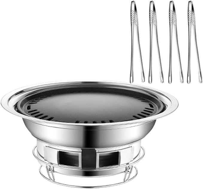 Korean BBQ Grill Charcoal 13.7 Inches Stainless Steel Portable Barbecue Grill and 4 PCS Korean BBQ Tongs