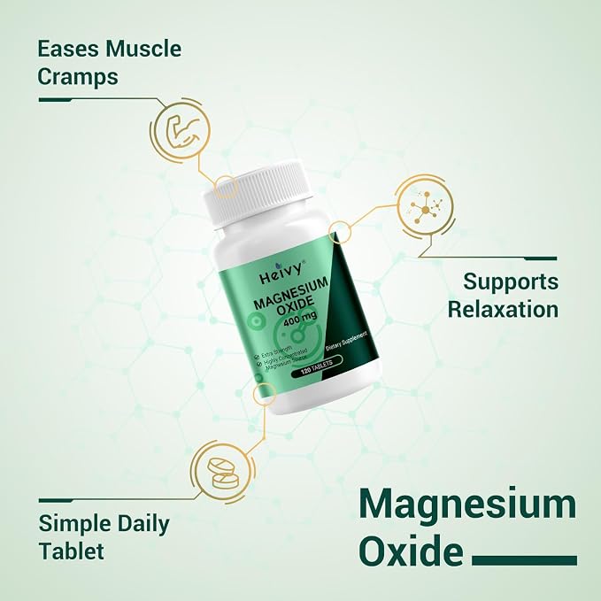 Heivy Magnesium Oxide 400mg – Magnesium Supplement for Support Muscle Recovery & Relaxation - Vegan, Gluten-Free, Made in USA, 120 Tablets