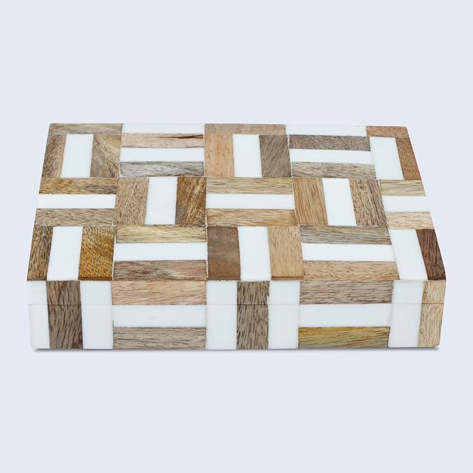 Handicrafts Home White Decorative Storage Box with Lid Wood Remote Control Box Coffee Table Storage Box Remote Holder for Living Room Decor – Resin Inlay Marquet Chase Collection - 8x5x2
