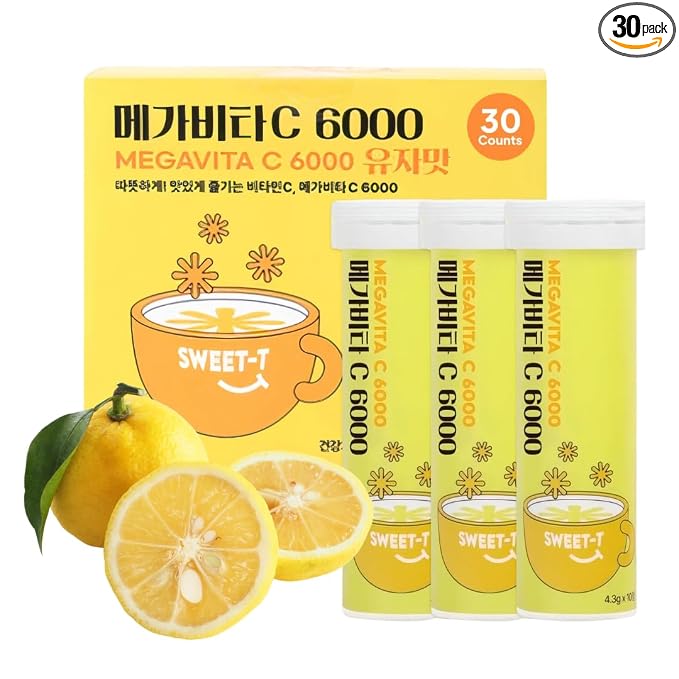 Korean Food Everteen MegaVita C3000 Effervescent Drink, Citrus, 10Tabs x3PK | Citrus-flavored effervescent beverage tablets with 3 packs of 10 tablets each