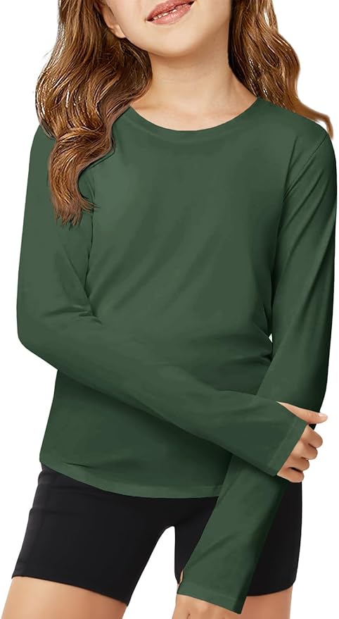 ZDC Girls Long Sleeve Athletic Shirts Kids Crewneck Quick Dry Workout Yoga Tops Basic Tees Activewear