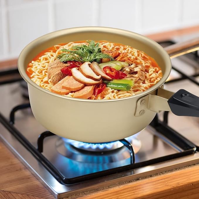 AHIER Korean Ramen Cooking Pot, Korean Ramen Noodle Pot with Lid, Spoon | Chopsticks (1pair), Single Handle, Fast Heating Stovetop for Kitchen Cookware Dorm and Camping