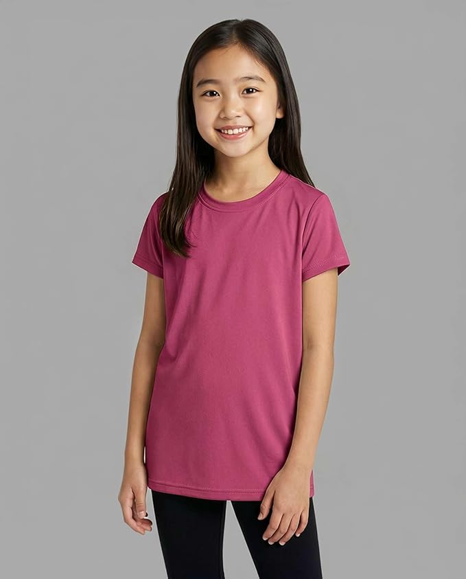 Real Essentials 5 Pack: Girls' Short Sleeve Dry-Fit Athletic T-Shirt - Active Gym Crew Neck Tops for Teens Kids (Ages 4-16)