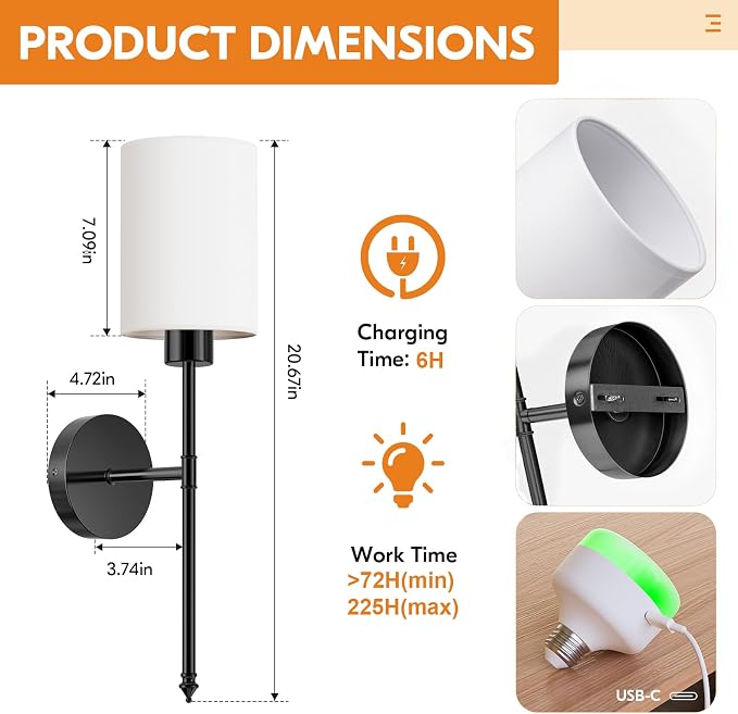 20.67 inch Battery Operated Wall Sconce Set of 2, Black Rechargeable Wall Lights with 10400mAh Dimmable Bulbs and Remote, 9 Colors Wireless Wall Lamps for Bedroom Living Room Hallway
