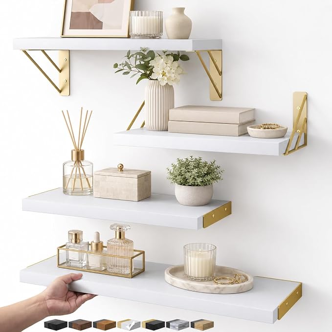 BAYKA Wall Shelves for Bedroom Decor, Floating Wall Shelf for Living Room Kitchen Storage, Mounted Rustic Wood Shelves for Kids Books, Christmas Decorations for Room(White and Gold，Set of 4)