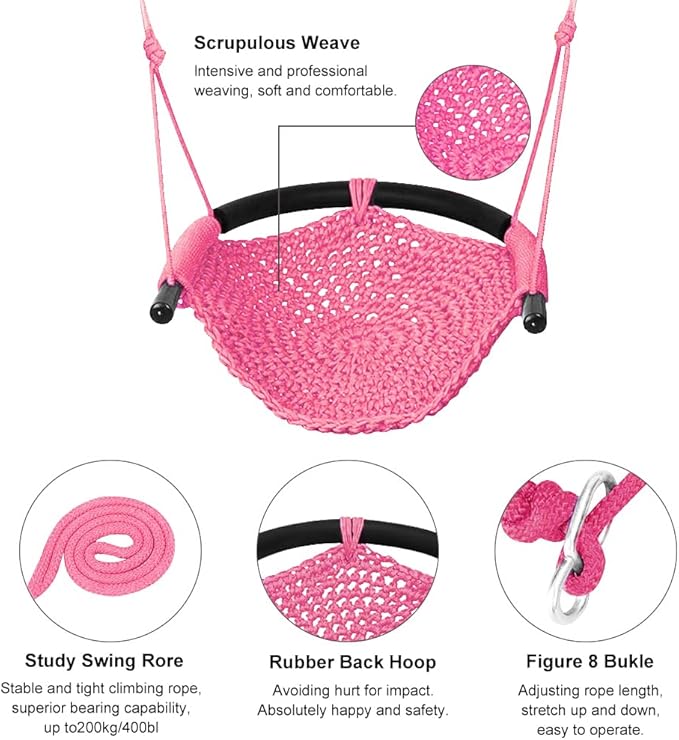 Hand-Knitting Toddler Swing, Swing Seat for Kids with Adjustable Ropes, Little tikes Swings Set, for Outdoor Indoor, Playground, Backyard (Pink)