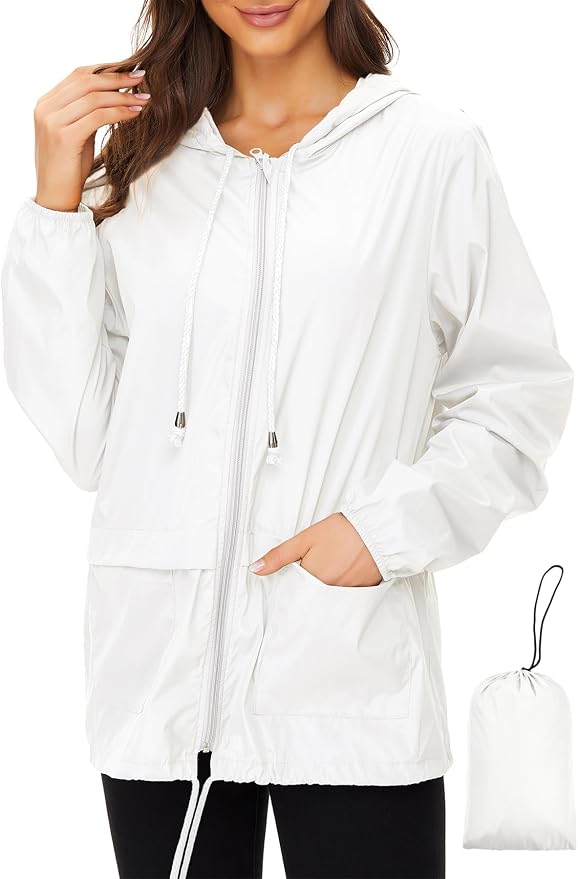 Zando Lightweight Rain Jacket Women Packable Waterproof Raincoat with Hood | Windbreaker Jacket Women, Light Raincoats for Drizzle, Rain Coats for Travel, Hiking and Commute