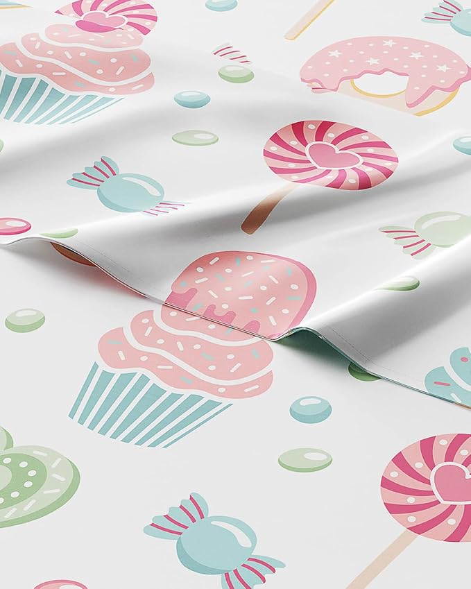 Kids Queen Size Bed Sheet Set - 4 Piece Kids Loft Bed Sheets - Sweets Cupcake Pattern Bedding - Soft, Cute and Cozy - Breathable & Machine Washable - Lollipop Bed Set for Boys, Girls, Teens & Toddlers