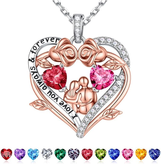 Iefil Valentines Gifts for Her Wife - 925 Sterling Silver Double Heart Birthstone Necklace, Anniversary Birthday Gifts for Women Wife Girlfriend