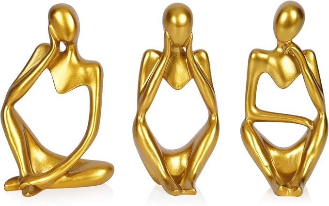 Sandstone Resin Thinker Statue Style Abstract Sculpture, Gold, 3pcs | Small Statue Collectible Figurines, Modern Aesthetic Ornament for Home Office Bookshelf Desktop Coffee Table Decor