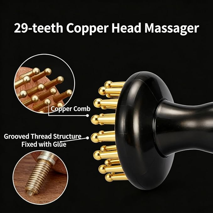 Cellulite Massage Tool 29 Teeth Copper Gua Sha Brush, Home SPA Body Relaxing and Stress Relief Handheld Massager, Meridian Massage Brush for Arms, Thighs, Glutes and Stomach (1 Pcs)